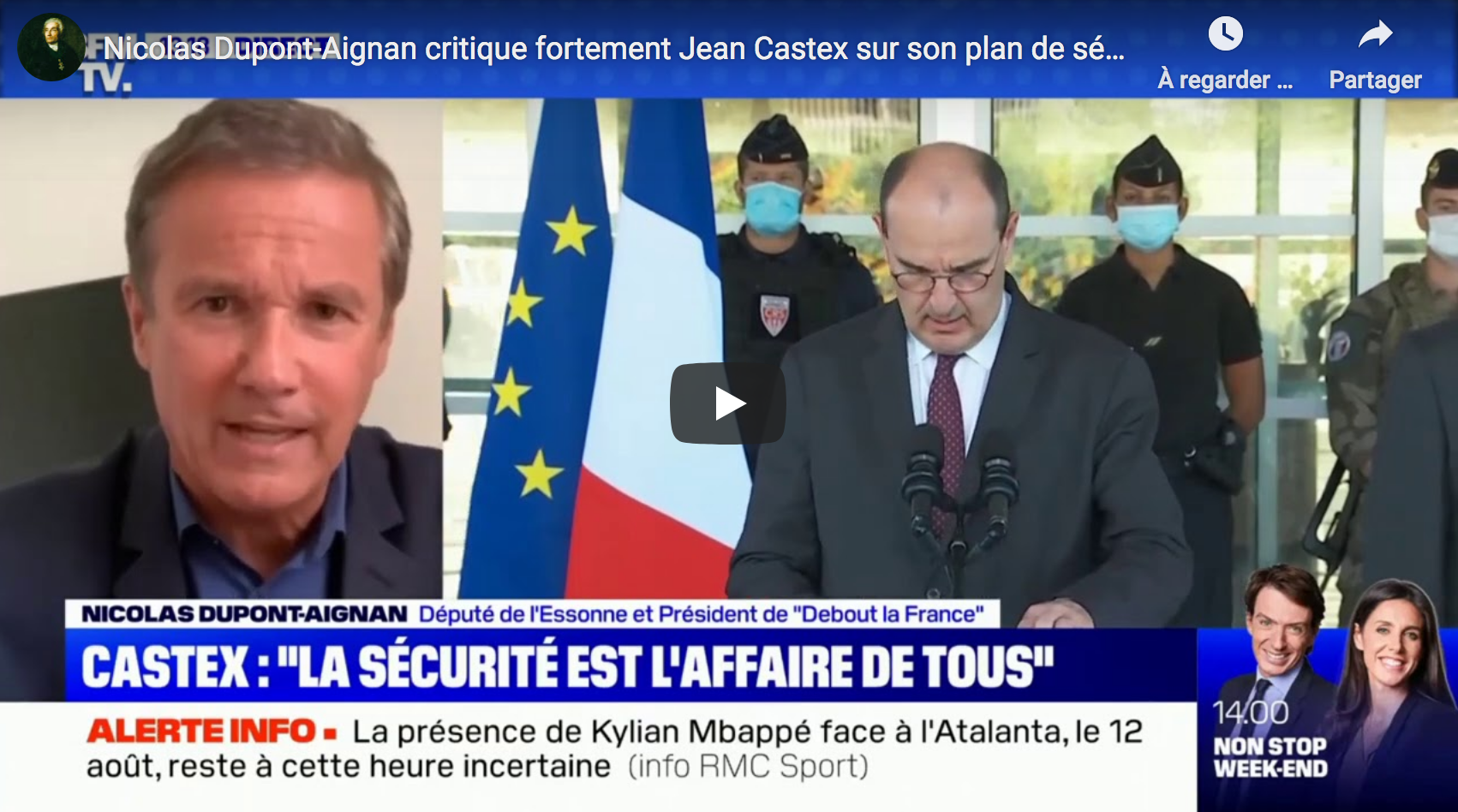 Nicolas Dupont-Aignan critique fortement Jean Castex sur son plan de sécurité absolument insuffisant