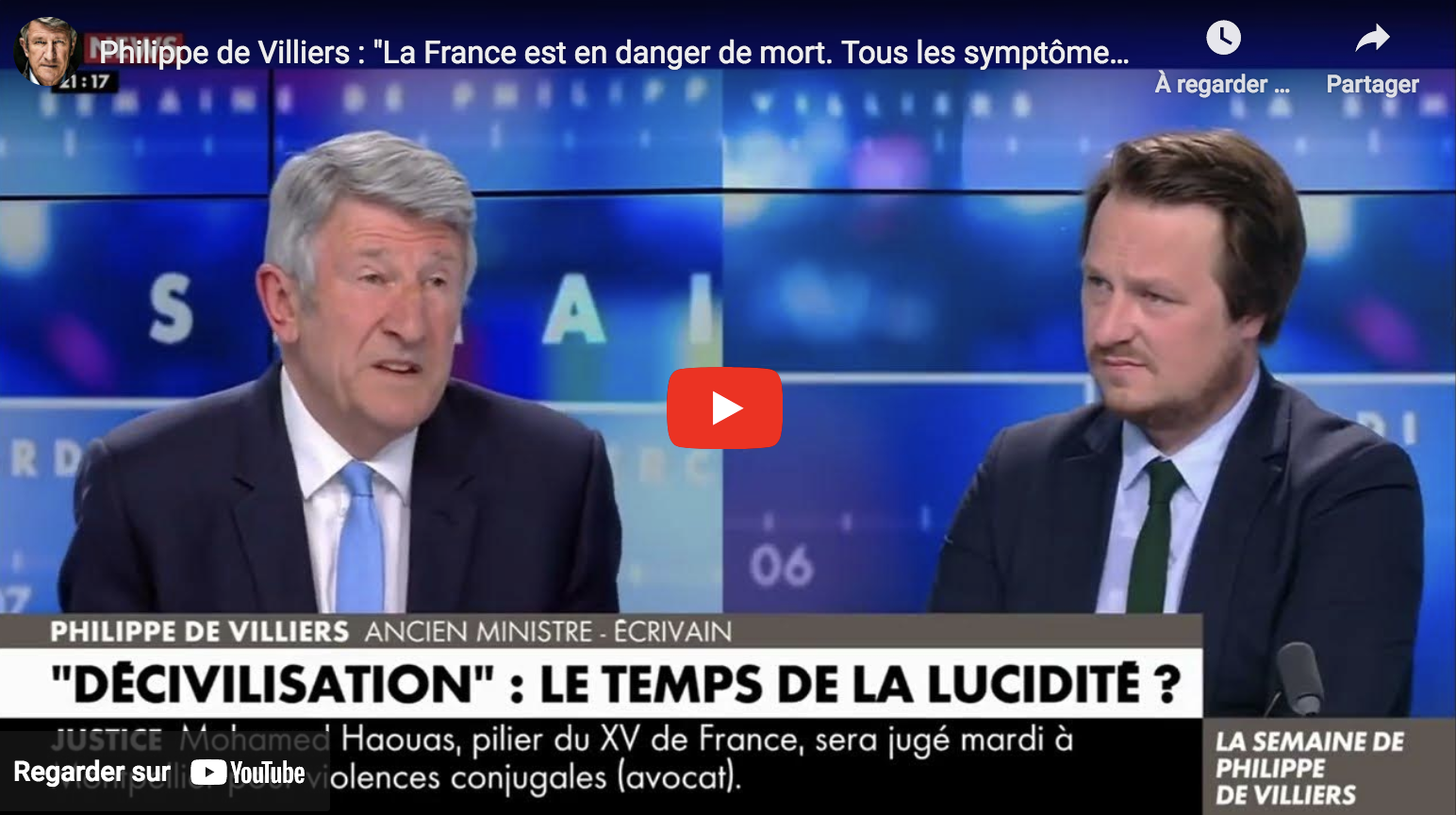 Philippe de Villiers : “La France est en danger de mort. Tous les symptômes de l’agonie sont là !” (VIDÉO)
