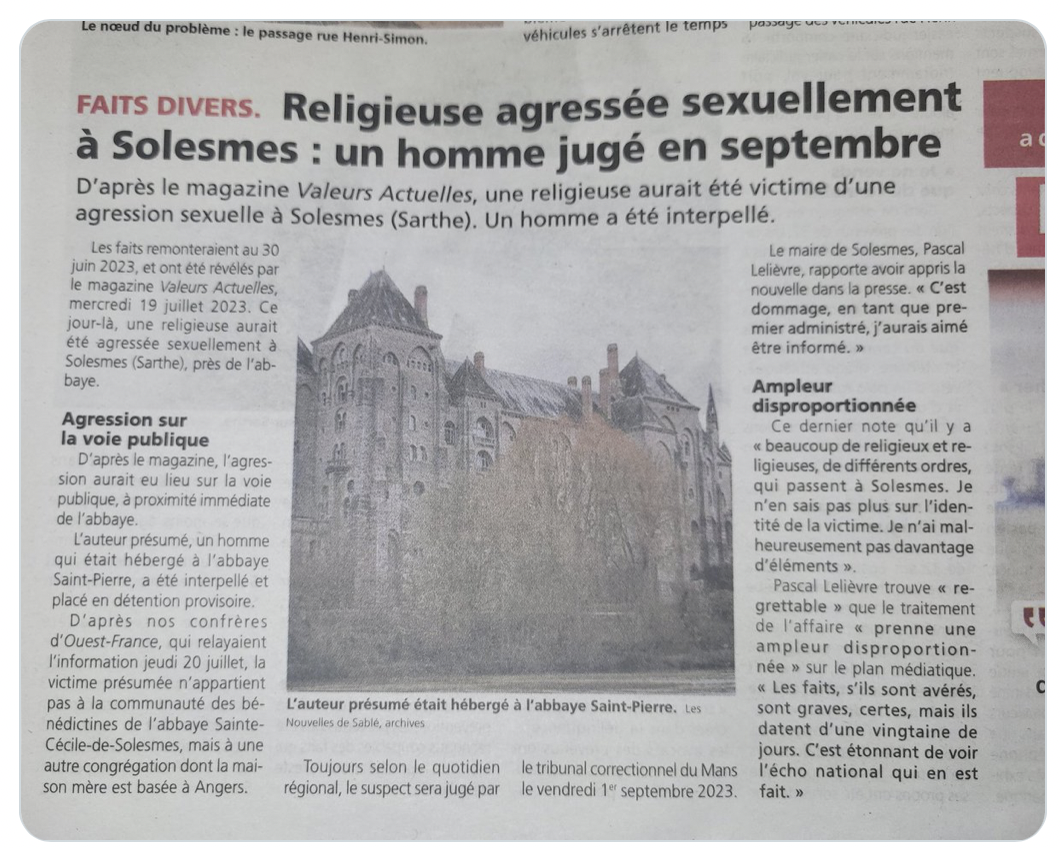 Solesmes : encore un article qui cache la nationalité (guinéenne) et la situation administrative (OQTF) de l’agresseur de la religieuse…